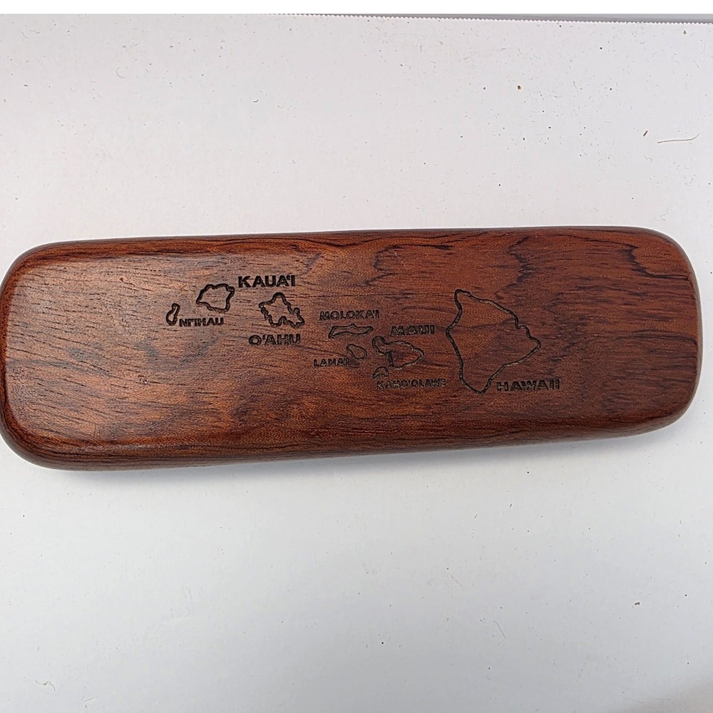 Vintage Hawaiian Koa Wood Pen Case Single Slot Laser Engraved Hawaii Map Box